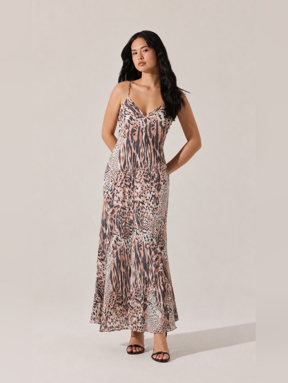 RUNAWAY CHILD Sleeveless Animal Print Slip Dress in Beige and Black